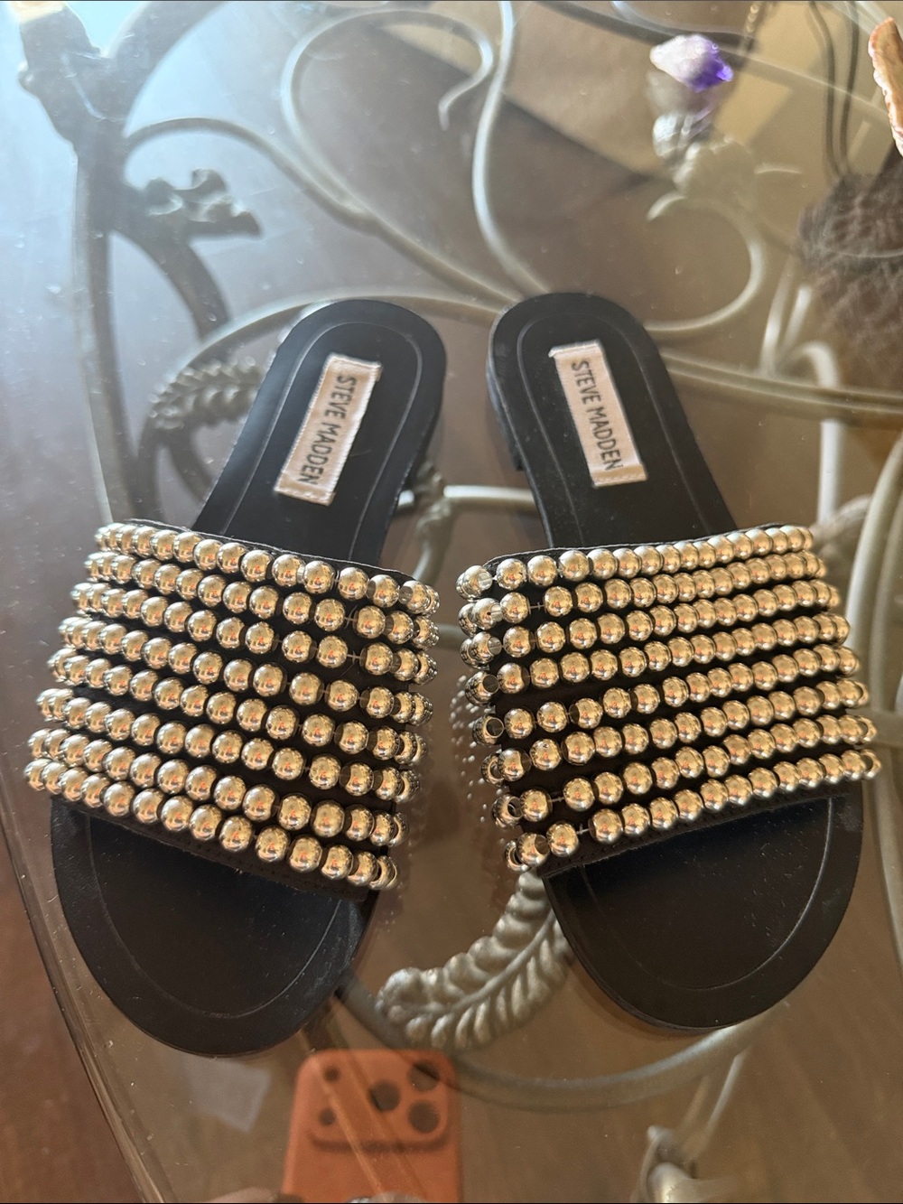 Steve Madden Black Slides with Silver Beaded Straps